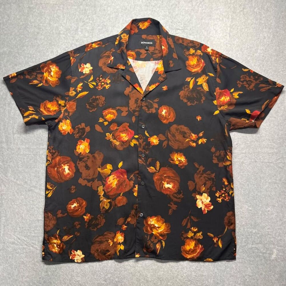 Bonobos Mens XL Floral Hawaiian Shirt Black Orange Lyocell Short Sleeve